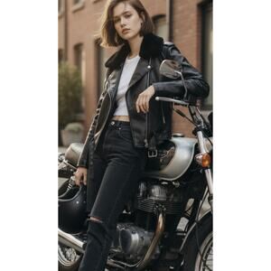 Vintage KC Collections Vegan Leather Moto Jacket Fur Collar Goth L Cropped- Bike
